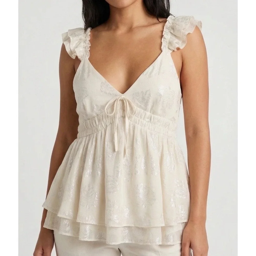 Parker Arlet Ruffle Camisole Top Womens Small Cream Metallic Babydoll Tank‎